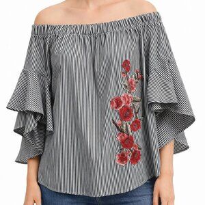 Kontrol Black White Stripe Off Shoulder Embroidered Top Holiday XL